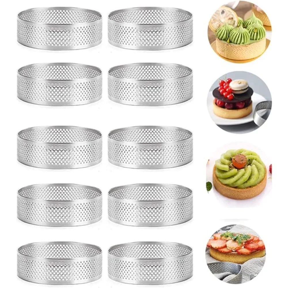 Anneau à tarte rond en acier inoxydable, moules perforés résistants à la chaleur, bricolage Mousse tarte aux fruits Tartlet beignet moule outils de cuisine 10 pièces