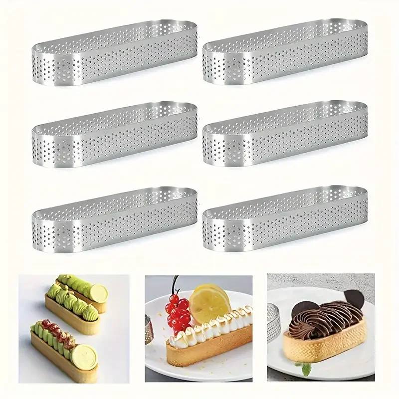 Anneaux à tarte ovales en acier inoxydable 304, anneau à tarte poreux, moule à Mousse pour gâteau perforé, coupe-biscuits, pâtisserie, Quiche, 3/6 pièces