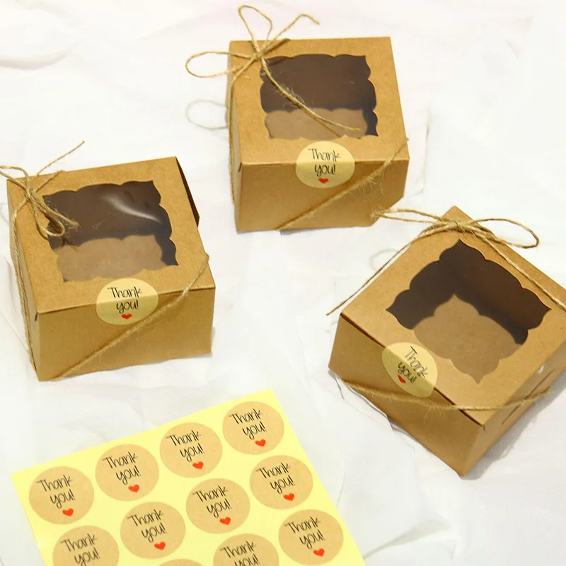 Boîte-cadeau en papier Kraft à fenêtre ouverte, 10/20 pièces, cuisson de gâteaux, tasse, boîtes d'emballage de bonbons avec corde autocollante, décoration de fête de mariage