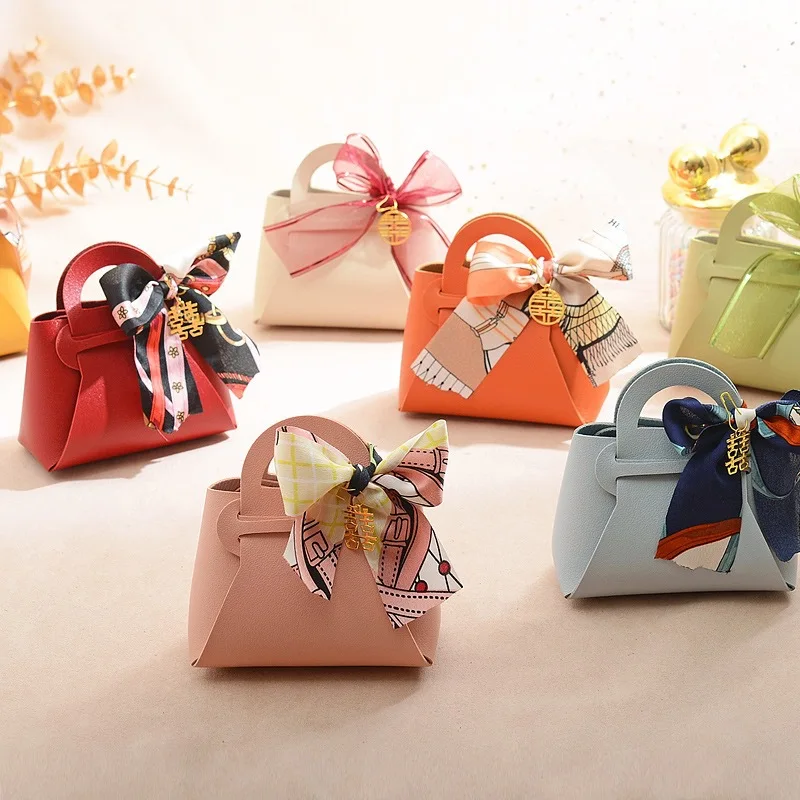 Sacs cadeaux en cuir rose, 5 pièces, sac pour cadeaux de mariage pour invités, Mini sac à main avec ruban, boîte d'emballage de bonbons, décor de fête