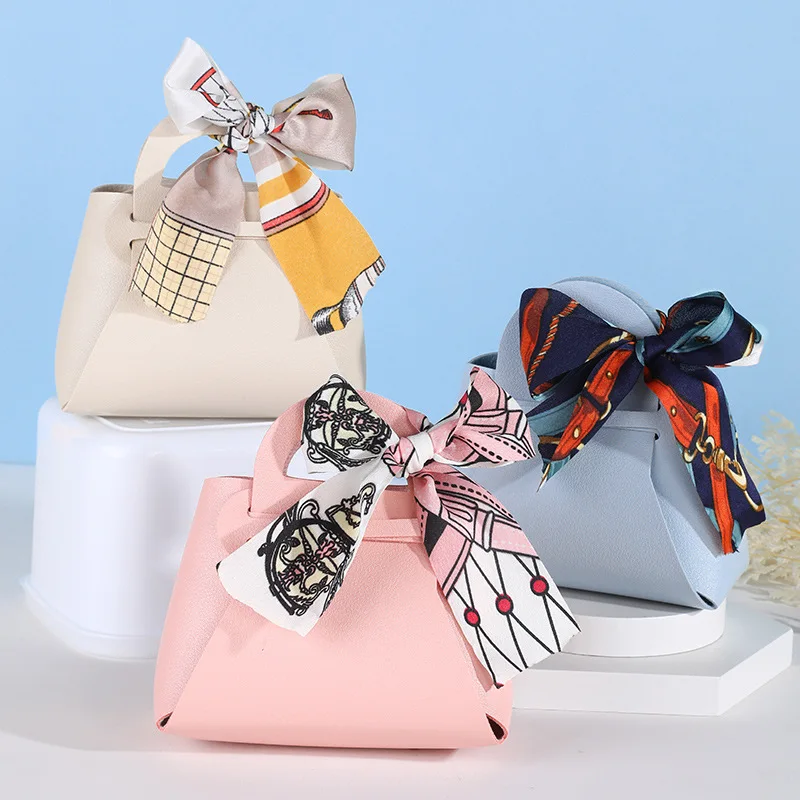 Sacs cadeaux en cuir rose, 5 pièces, sac pour cadeaux de mariage pour invités, Mini sac à main avec ruban, boîte d'emballage de bonbons, décor de fête