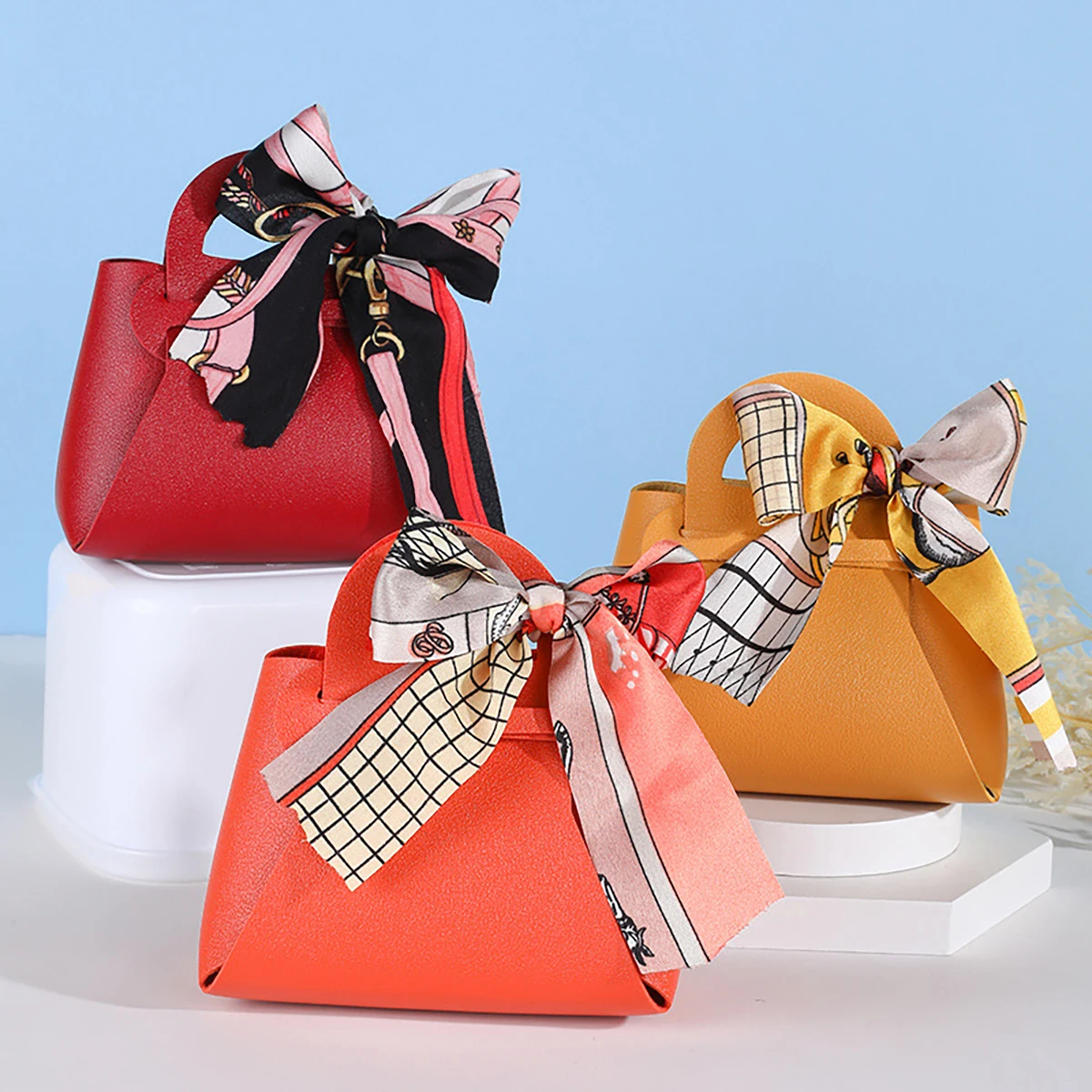 Sacs cadeaux en cuir rose, 5 pièces, sac pour cadeaux de mariage pour invités, Mini sac à main avec ruban, boîte d'emballage de bonbons, décor de fête