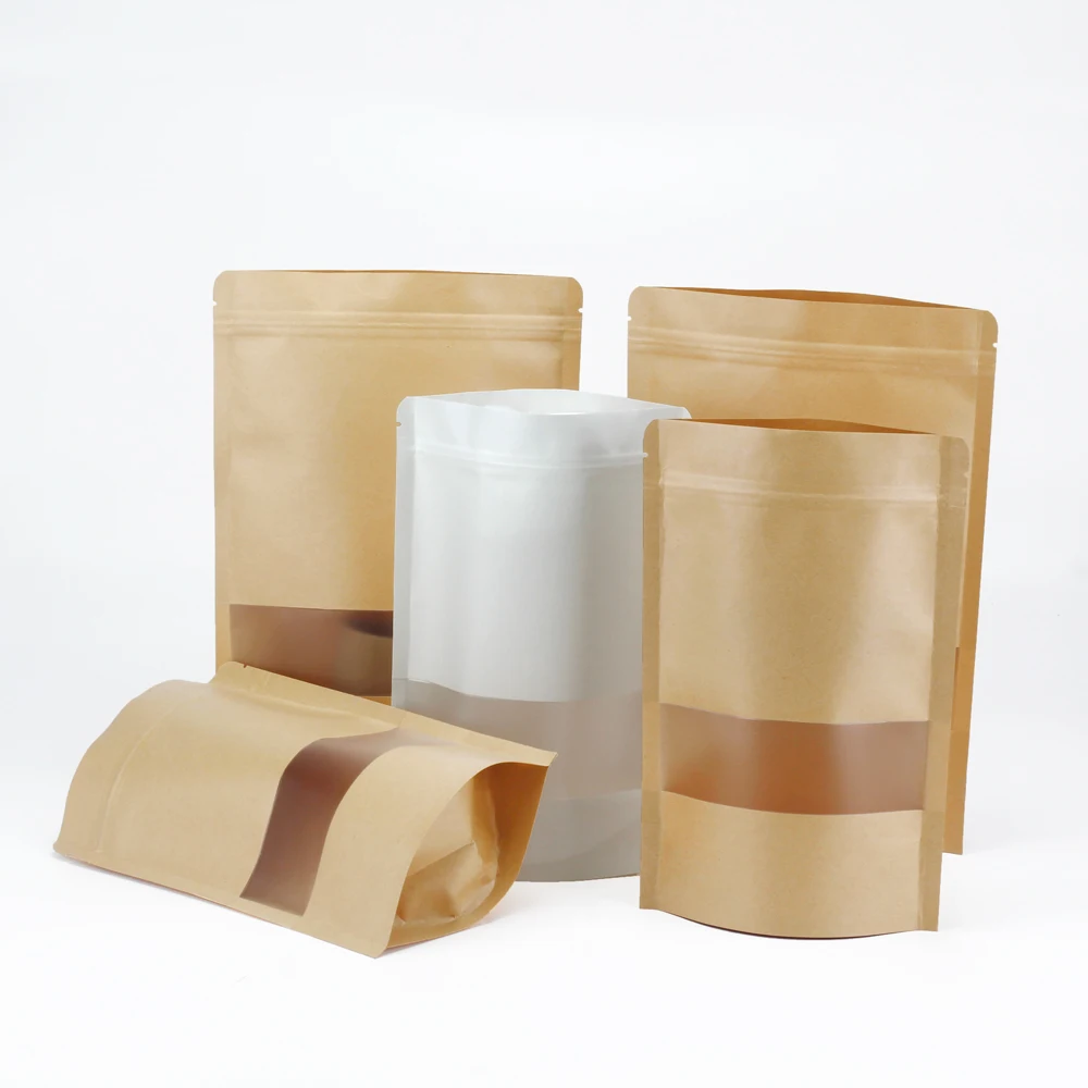 Sacs d'emballage à fermeture éclair, 100 pièces, pochette debout en papier Kraft avec fenêtre, sacs d'emballage à fermeture éclair pour petites entreprises