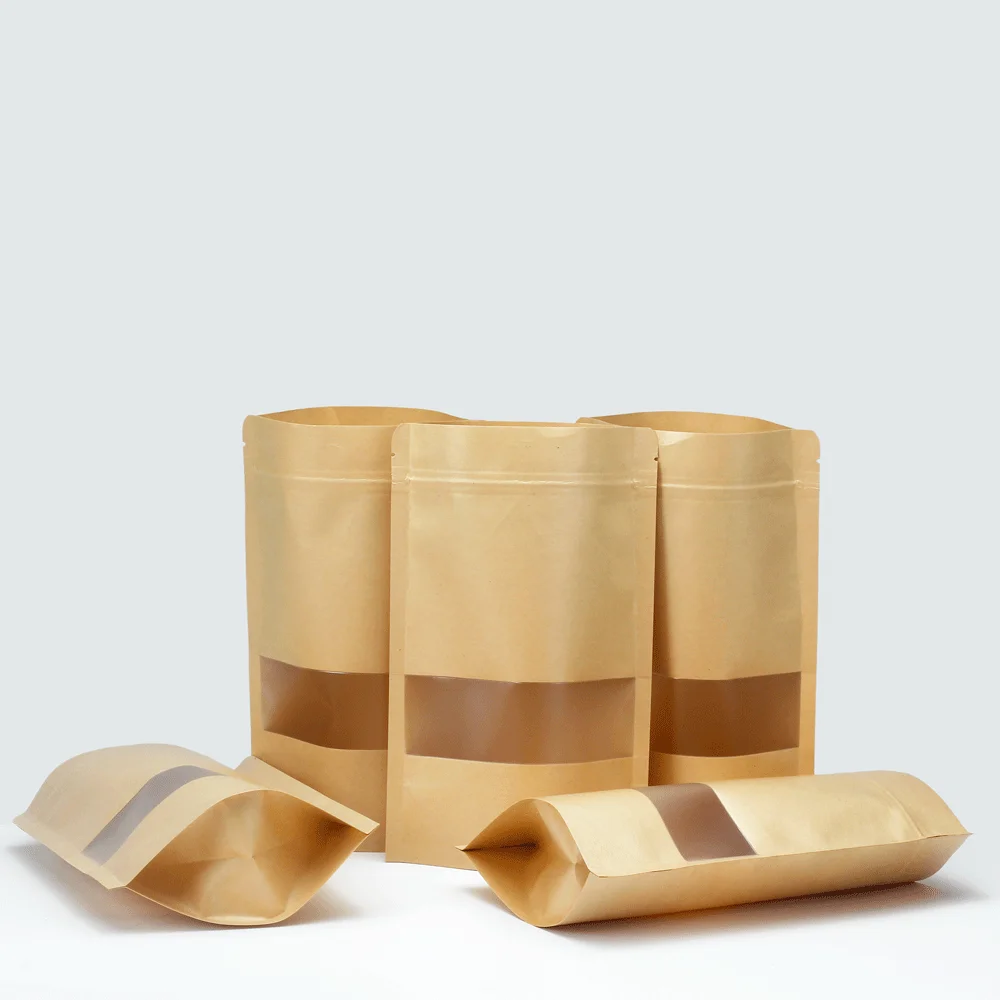 Sacs d'emballage à fermeture éclair, 100 pièces, pochette debout en papier Kraft avec fenêtre, sacs d'emballage à fermeture éclair pour petites entreprises