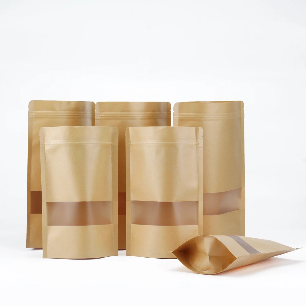 Sacs d'emballage à fermeture éclair, 100 pièces, pochette debout en papier Kraft avec fenêtre, sacs d'emballage à fermeture éclair pour petites entreprises