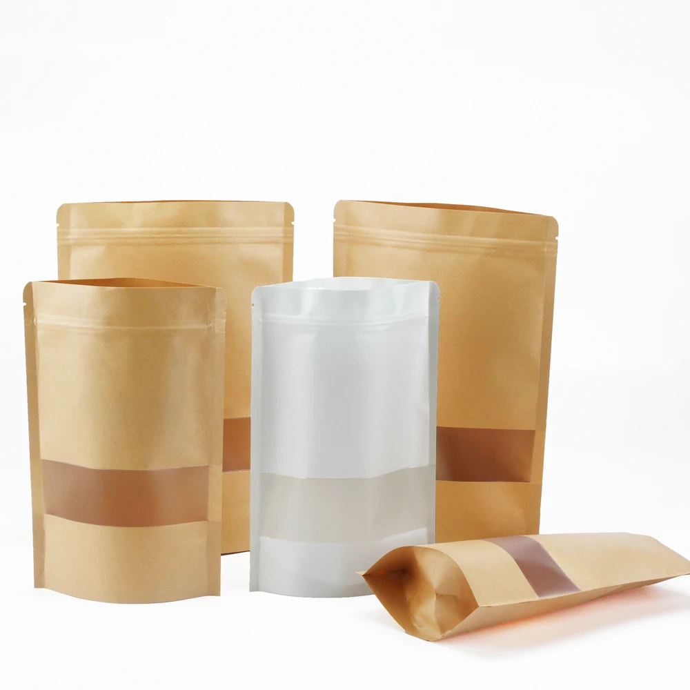 Sacs d'emballage à fermeture éclair, 100 pièces, pochette debout en papier Kraft avec fenêtre, sacs d'emballage à fermeture éclair pour petites entreprises