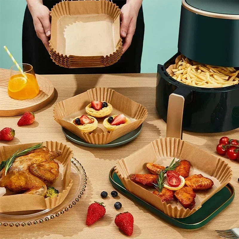 Accessoires de cuisine en papier pour friteuse à Air, ustensiles de cuisine jetables, moules à pâtisserie carrés et ronds, plaque de barbecue, tampon antiadhésif, 50/30 pièces