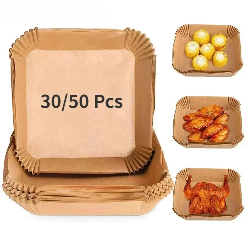Accessoires de cuisine en papier pour friteuse à Air, ustensiles de cuisine jetables, moules à pâtisserie carrés et ronds, plaque de barbecue, tampon antiadhésif, 50/30 pièces