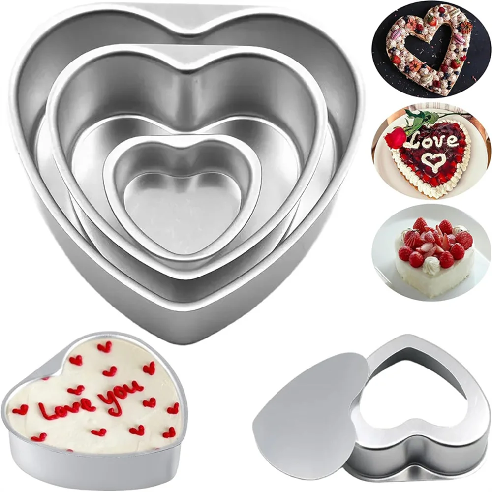Ensemble de moules à gâteaux en forme de cœur, 3 pièces, 4/6/8 pouces, avec fond amovible, moule à gâteau en aluminium, parfait pour les anniversaires, la fête de noël