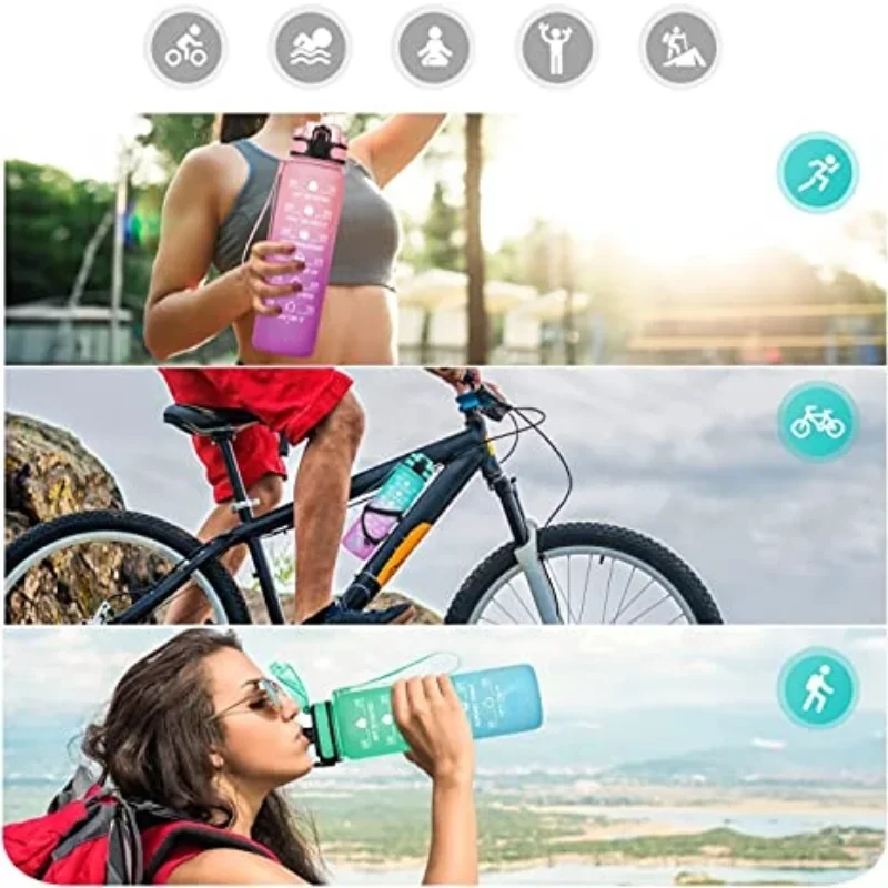 Bouteille de sport 600ML/750ML/1000ML, avec échelle de temps, bouteille de boisson de couleur dégradée pour l'extérieur, tasse de paille de motivation Portable pour Fitness