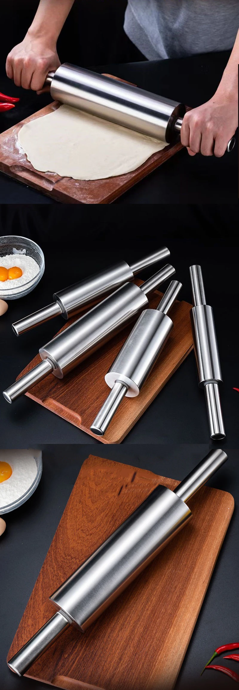 Rouleau à pâtisserie en acier inoxydable pour pâte antiadhésive, bâton de farine, outils de cuisine, accessoires, rouleau à Pizza avec poignée