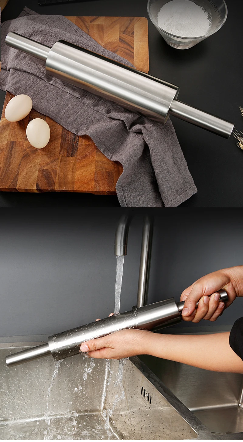 Rouleau à pâtisserie en acier inoxydable pour pâte antiadhésive, bâton de farine, outils de cuisine, accessoires, rouleau à Pizza avec poignée