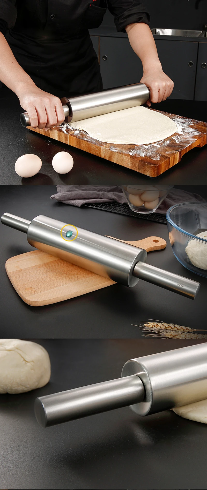 Rouleau à pâtisserie en acier inoxydable pour pâte antiadhésive, bâton de farine, outils de cuisine, accessoires, rouleau à Pizza avec poignée