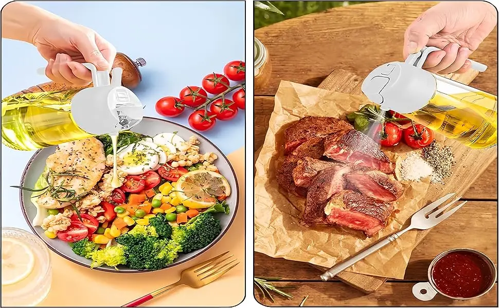 Bouteille distributrice d'huile d'olive 2 en 1, pulvérisateur d'huile en plastique de 500ml, réservoir de pulvérisation d'huile de cuisson pour barbecue, cuisson de pique-nique, outils de cuisine pour la maison, 1-2 pièces