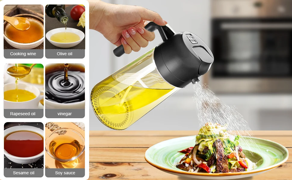 Bouteille distributrice d'huile d'olive 2 en 1, pulvérisateur d'huile en plastique de 500ml, réservoir de pulvérisation d'huile de cuisson pour barbecue, cuisson de pique-nique, outils de cuisine pour la maison, 1-2 pièces