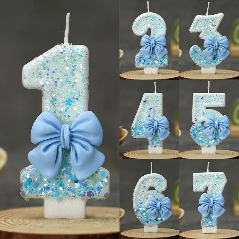 Bougie numéro d'anniversaire 0 1 2 3 4 5 6 7 8 9, décoration de gâteau à nœud bleu, décoration de gâteau de fête, décor d'anniversaire