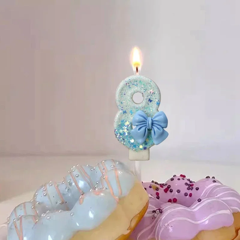 Bougie numéro d'anniversaire 0 1 2 3 4 5 6 7 8 9, décoration de gâteau à nœud bleu, décoration de gâteau de fête, décor d'anniversaire