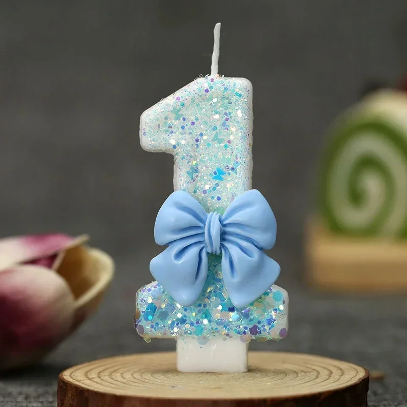 Bougie numéro d'anniversaire 0 1 2 3 4 5 6 7 8 9, décoration de gâteau à nœud bleu, décoration de gâteau de fête, décor d'anniversaire