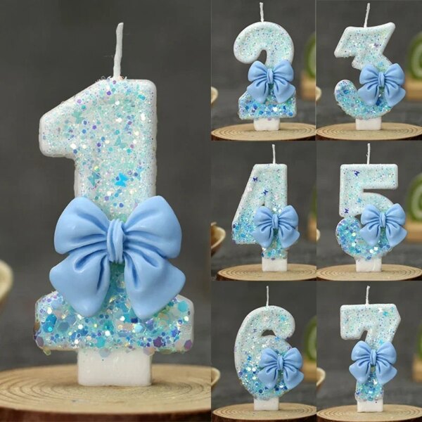 Bougie Chiffre d’Anniversaire avec Nœud Bleu – 0 à 9