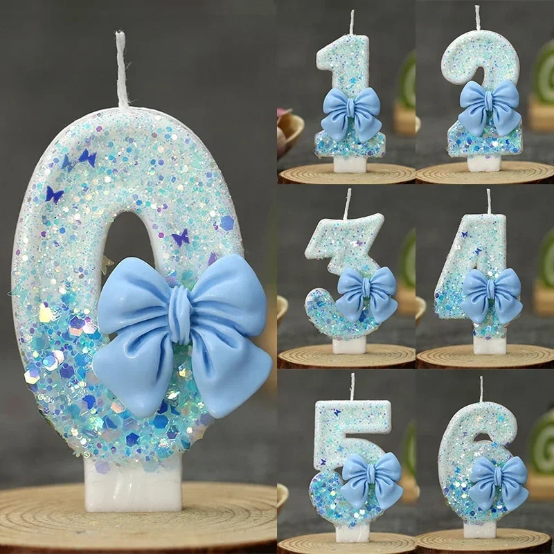 Bougie numéro d'anniversaire 0 1 2 3 4 5 6 7 8 9, décoration de gâteau à nœud bleu, décoration de gâteau de fête, décor d'anniversaire