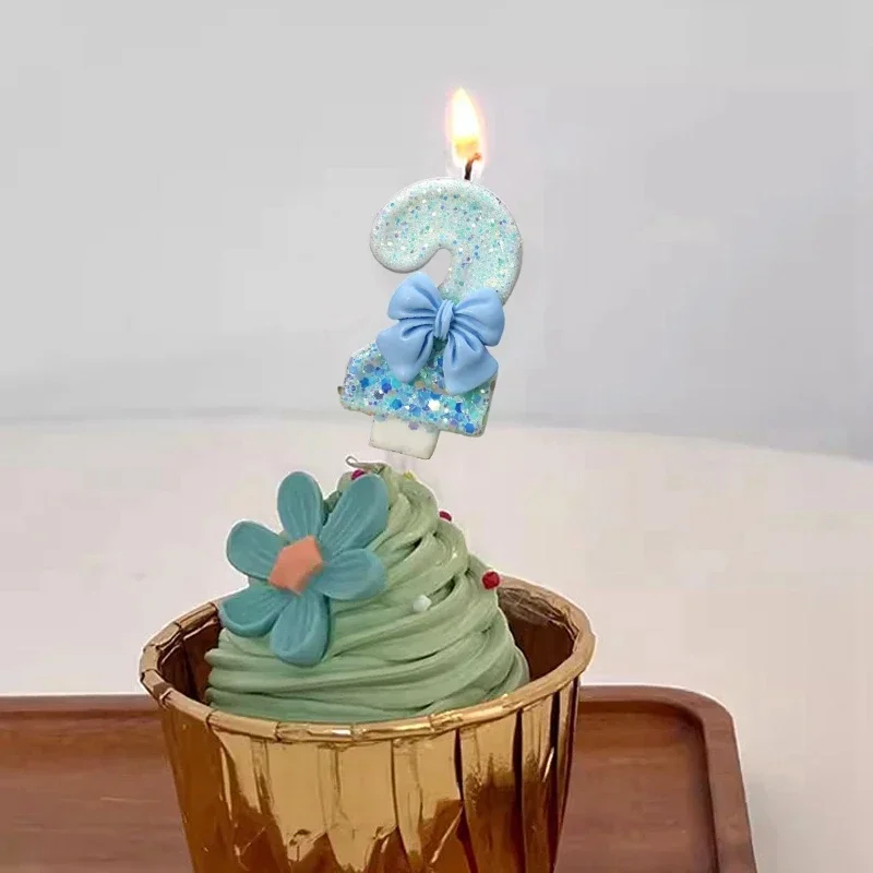 Bougie numéro d'anniversaire 0 1 2 3 4 5 6 7 8 9, décoration de gâteau à nœud bleu, décoration de gâteau de fête, décor d'anniversaire