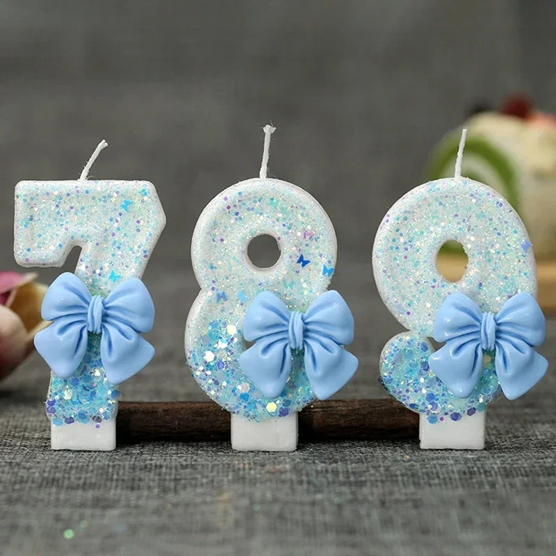 Bougie numéro d'anniversaire 0 1 2 3 4 5 6 7 8 9, décoration de gâteau à nœud bleu, décoration de gâteau de fête, décor d'anniversaire