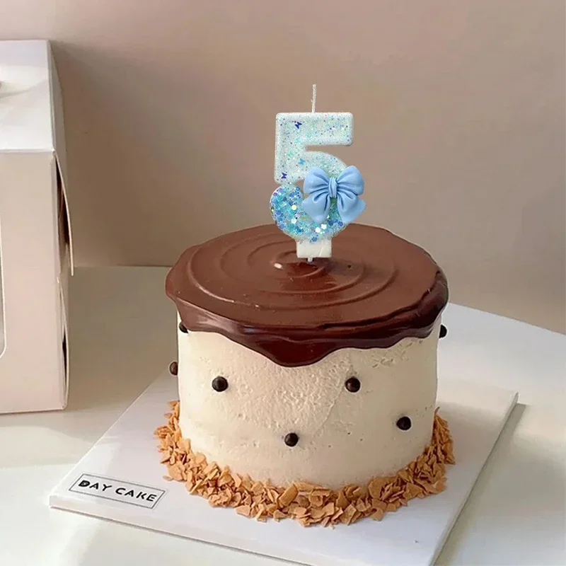 Bougie numéro d'anniversaire 0 1 2 3 4 5 6 7 8 9, décoration de gâteau à nœud bleu, décoration de gâteau de fête, décor d'anniversaire