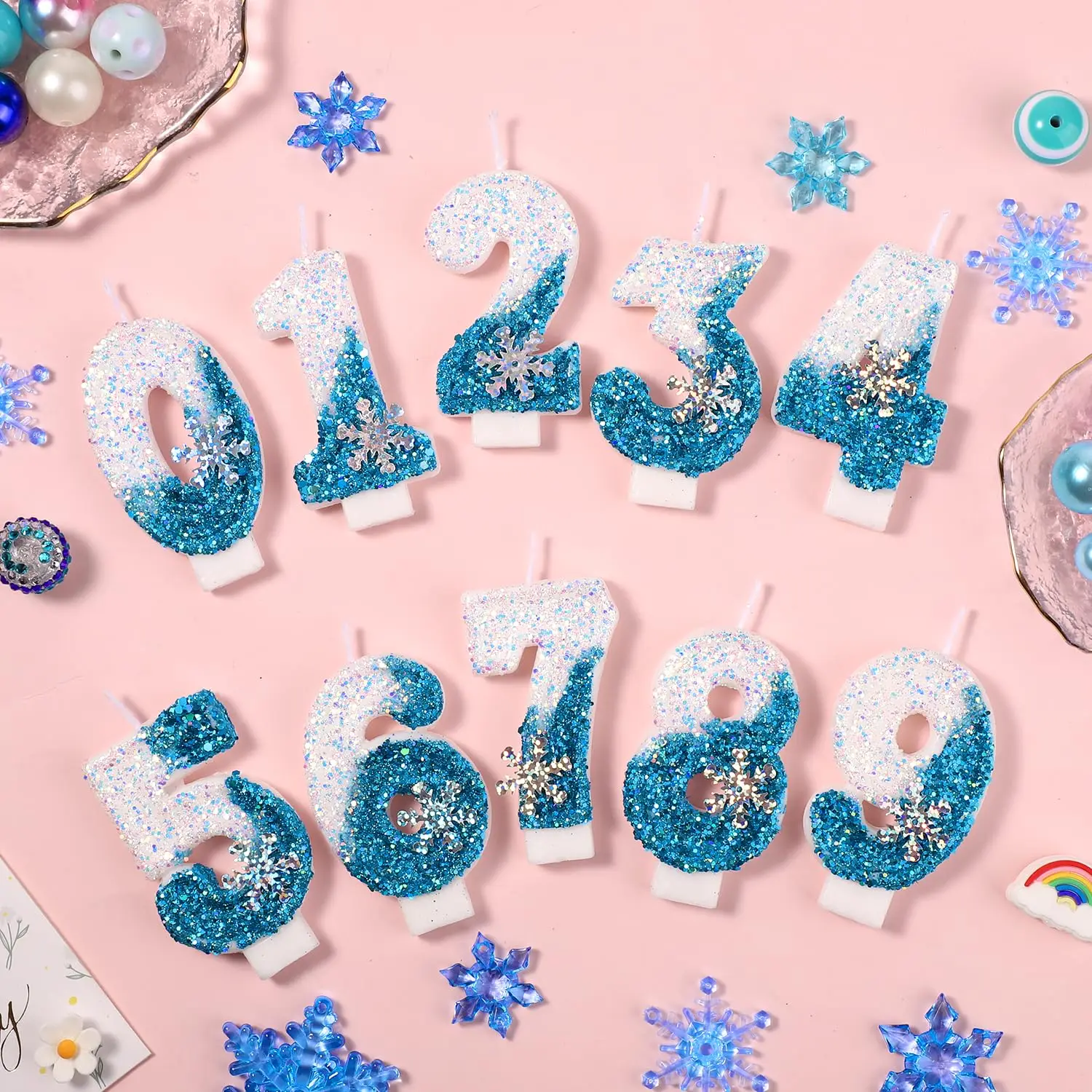 Bougies d'anniversaire congelées 0-9, bougies à paillettes flocon de neige, décorations de gâteaux blanches et bleues pour enfants et adultes, anniversaire, mariage