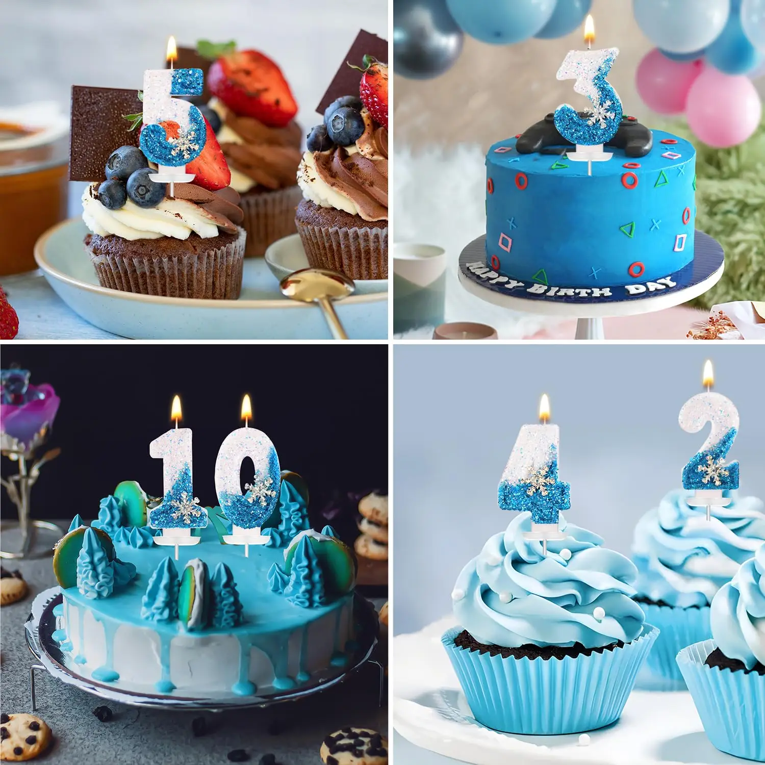 Bougies d'anniversaire congelées 0-9, bougies à paillettes flocon de neige, décorations de gâteaux blanches et bleues pour enfants et adultes, anniversaire, mariage