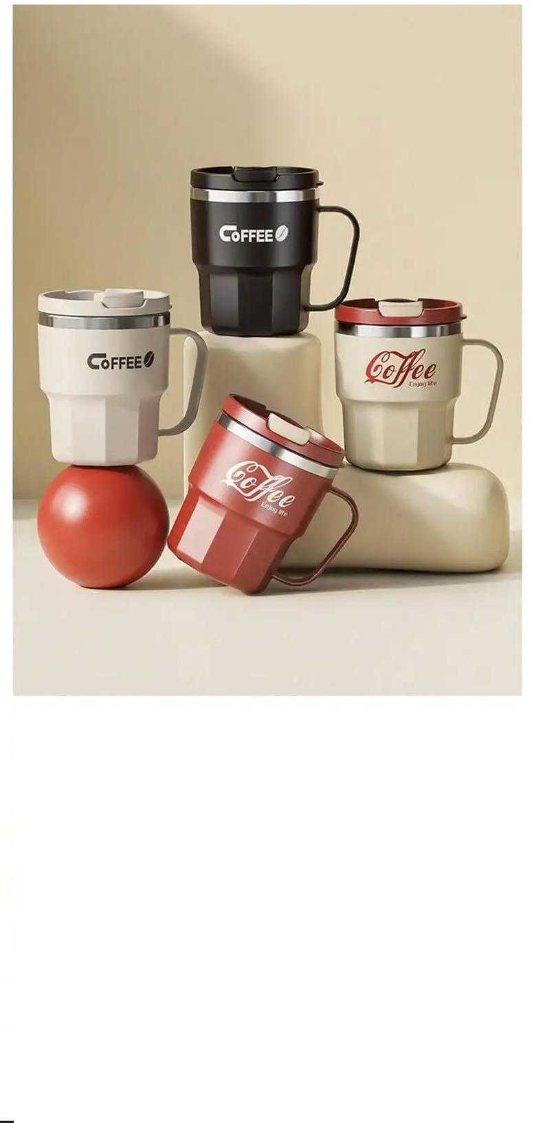 WORTHBUY Tasse à café en acier inoxydable avec couvercle, tasse à eau isolée à double paroi, poignée et couvercle, verres résistants à la chaleur, 304
