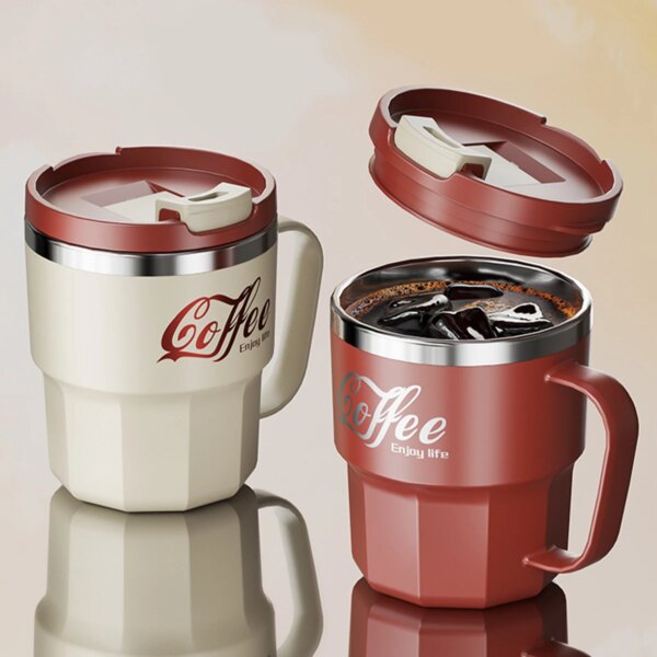 Tasse à Café Isotherme avec Poignée & Couvercle – Acier Inoxydable Double Paroi