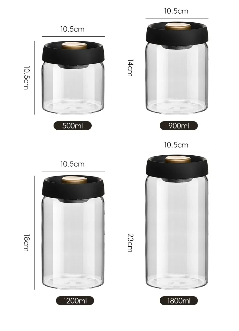 Cafetière à couvercle noir multi-capacité, Pot de rangement manuel sous vide résistant à l'humidité, théière en verre de cuisine, stockage de grains de café, pot scellé