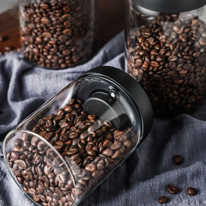 Cafetière à couvercle noir multi-capacité, Pot de rangement manuel sous vide résistant à l'humidité, théière en verre de cuisine, stockage de grains de café, pot scellé