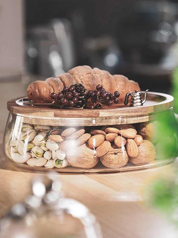 Conteneurs de stockage des aliments en verre créatifs avec couvercle en bois, organisateur de stockage des collations, fruits, bonbons, noix, articles divers pour la cuisine