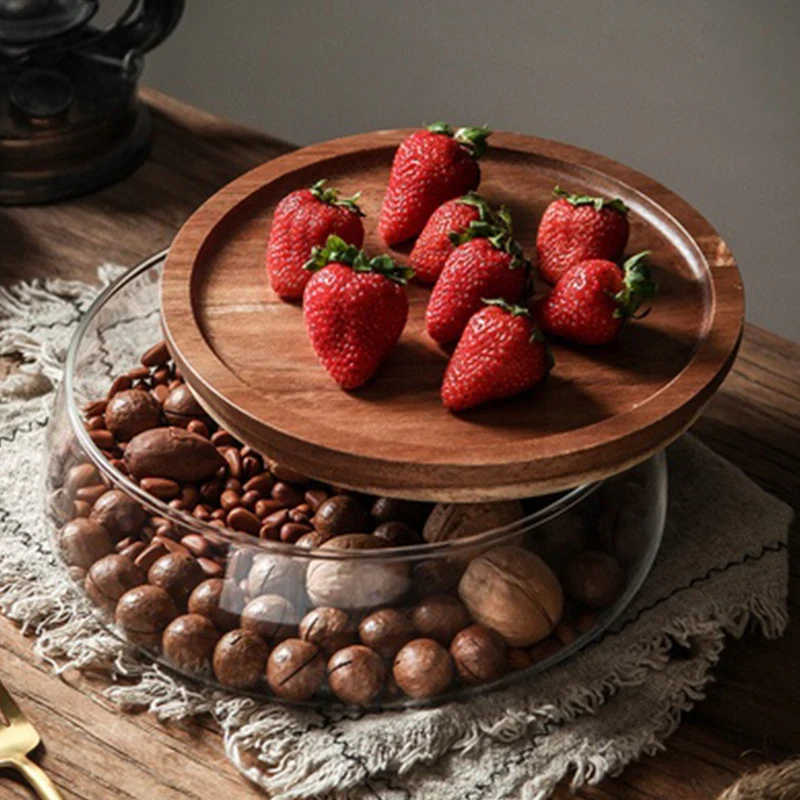 Conteneurs de stockage des aliments en verre créatifs avec couvercle en bois, organisateur de stockage des collations, fruits, bonbons, noix, articles divers pour la cuisine