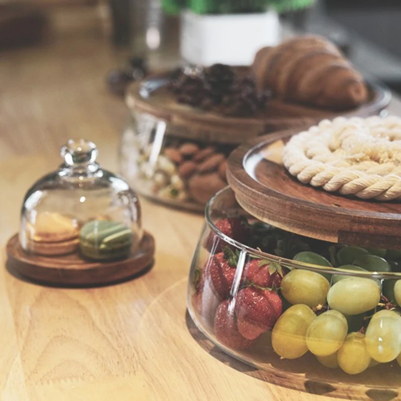 Conteneurs de stockage des aliments en verre créatifs avec couvercle en bois, organisateur de stockage des collations, fruits, bonbons, noix, articles divers pour la cuisine