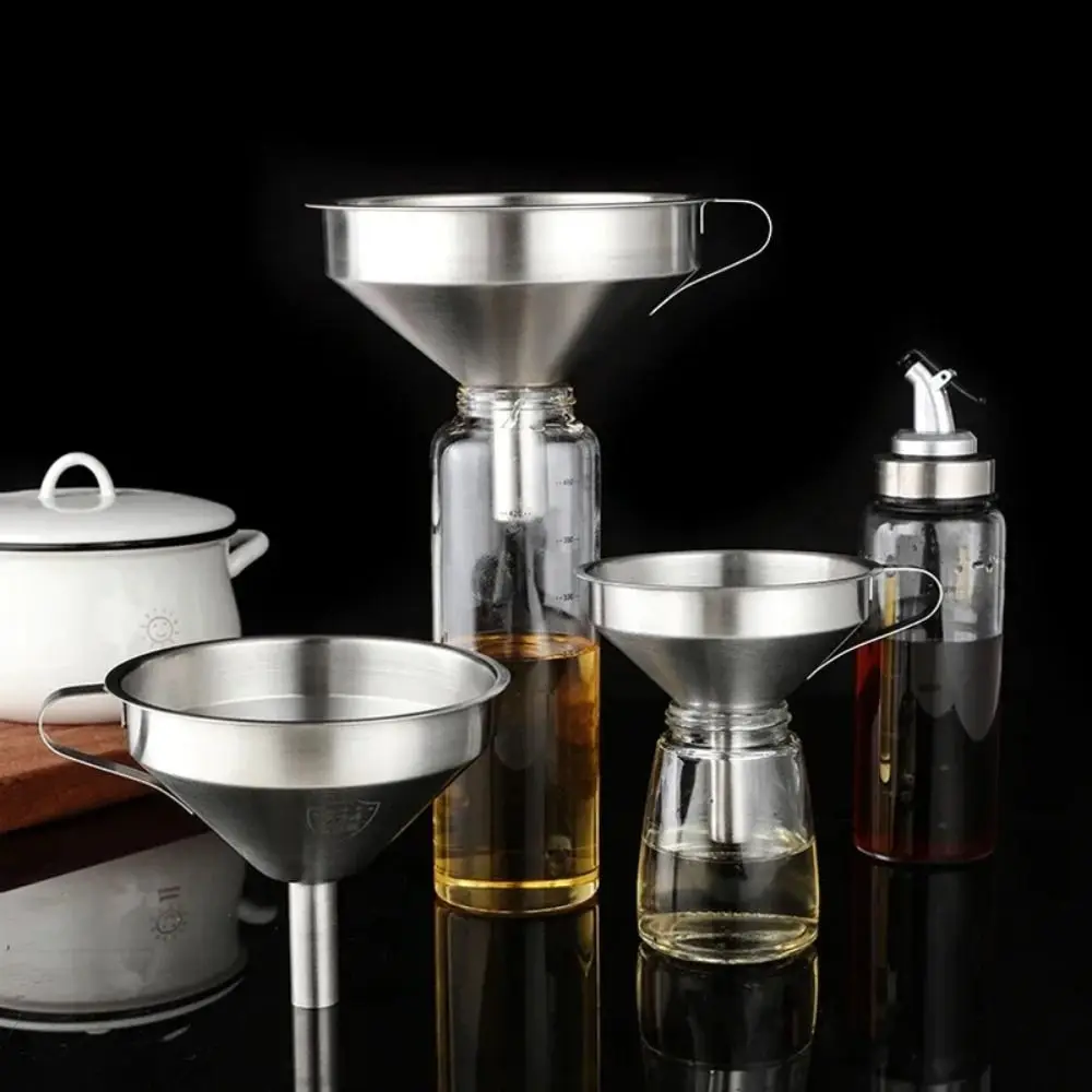 Entonnoir en acier inoxydable avec poignées, huile de cuisine, liquide, métal, filtre amovible, large bouche, outils de mise en conserve