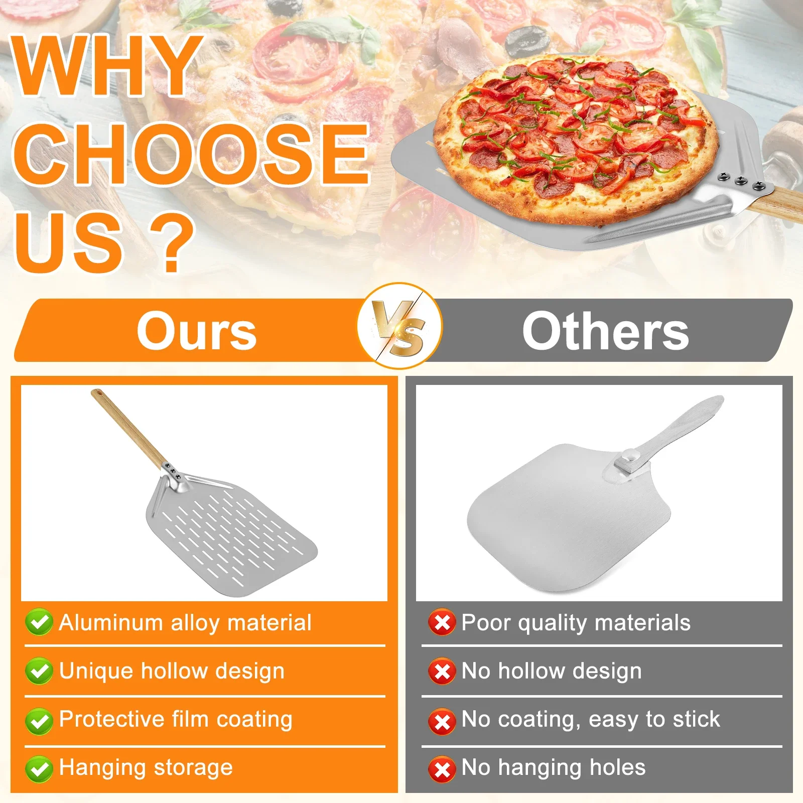 Pelle à Pizza antiadhésive de 6.5/12 pouces, outils de transfert de levage de gâteaux avec manche en bois pour la cuisson du pain, des cuisines à Pizza, accessoires