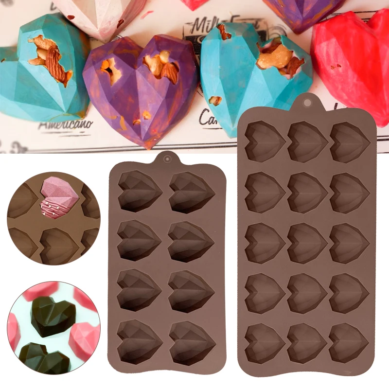 Moule à chocolat en Silicone en forme de cœur en diamant, 15/8 cavités, accessoires de gâteau en forme de cœur 3D, bricolage de glaçons, biscuits, pâtisserie, moule de cuisson